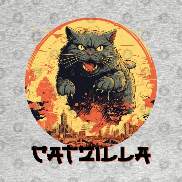 Catzilla Vintage Funny Cute Cat Art Japanese Sunset by Happy Lime